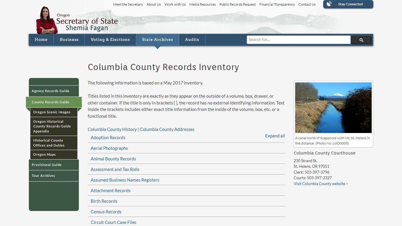 State of Oregon: County Records Guide - Columbia County Records Inventory